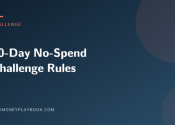 Illustration for the rules of a 30-day no-spend challenge, with the article title on a dark green background