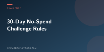 Illustration for the rules of a 30-day no-spend challenge, with the article title on a dark green background