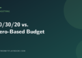 Illustration comparing the 50/30/20 budgeting rule against zero-based budgeting, showing the article title on a dark background