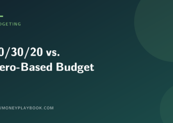 Illustration comparing the 50/30/20 budgeting rule against zero-based budgeting, showing the article title on a dark background
