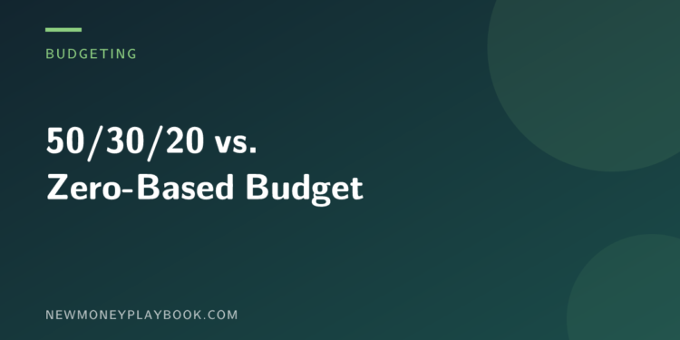 Illustration comparing the 50/30/20 budgeting rule against zero-based budgeting, showing the article title on a dark background