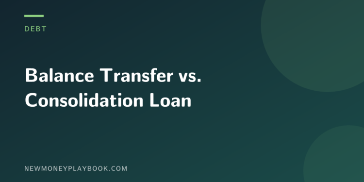 Illustration comparing a balance transfer against a debt consolidation loan, showing the article title on a dark background