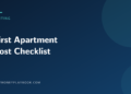 Illustration for a first apartment cost checklist, showing the article title on a dark background