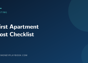 Illustration for a first apartment cost checklist, showing the article title on a dark background