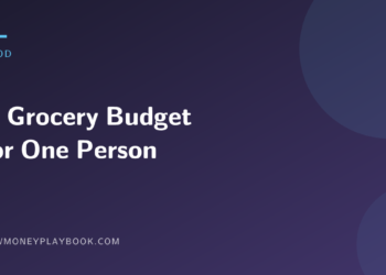 Illustration for a guide to building a realistic grocery budget for one person, with the article title on a dark navy background