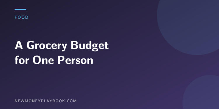 Illustration for a guide to building a realistic grocery budget for one person, with the article title on a dark navy background