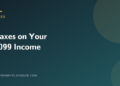 Illustration for a guide to how much to set aside for taxes on 1099 income, showing the article title on a dark background