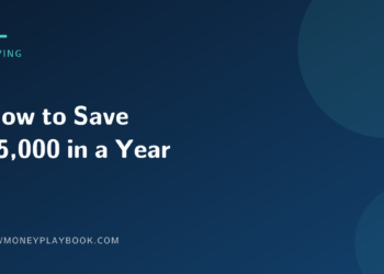 Illustration for a guide to saving $5,000 in a year, with the article title on a dark green background