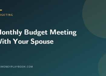 Illustration for a monthly budget meeting agenda for couples, showing the article title on a dark background