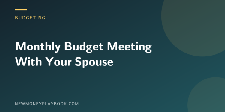 Illustration for a monthly budget meeting agenda for couples, showing the article title on a dark background