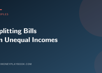 Illustration for a guide to splitting household bills when partners earn different amounts, with the article title on a dark purple background