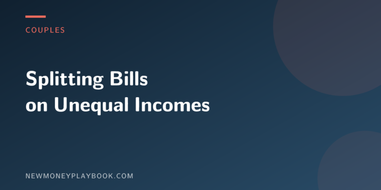 Illustration for a guide to splitting household bills when partners earn different amounts, with the article title on a dark purple background